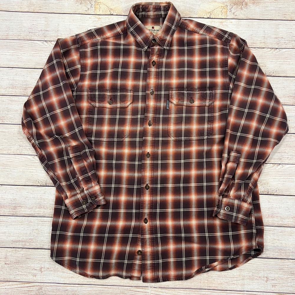 Woolrich Mens Plaid‎ Flannel Long Sleeve Button Up Shirt Brown Orange Size M